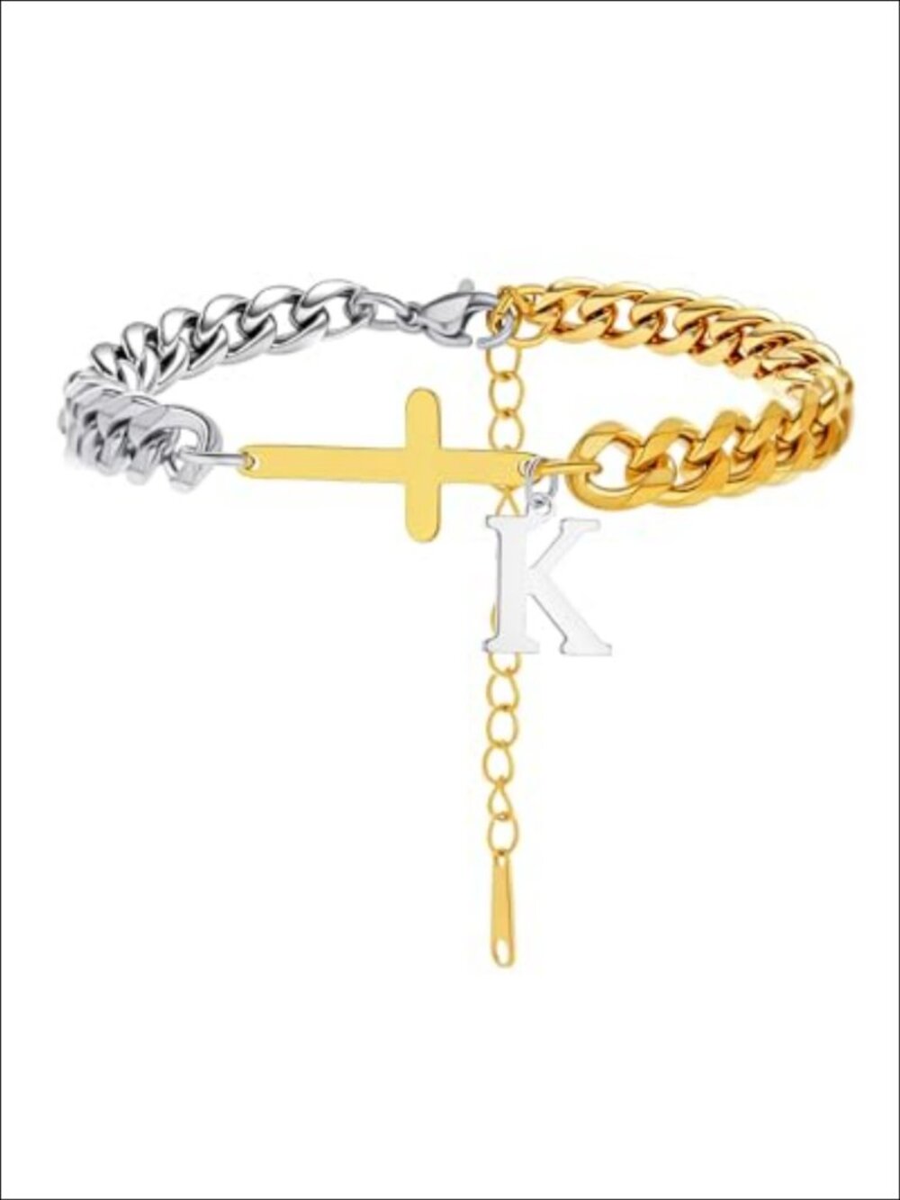 14K Gold Plated Stainless Steel Initial Cross Bracelet for Women